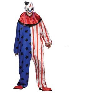 Evil Clown Halloween Costume Red White Blue Jumpsuit, Mask & Collar 3 Pc Mens OS
